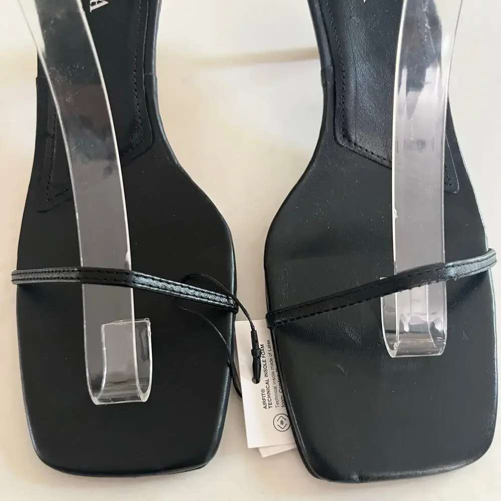 Zara Black Leather Ankle Strap Heeled Sandals Square Toe NWT Size 39 EU - Picture 3 of 13